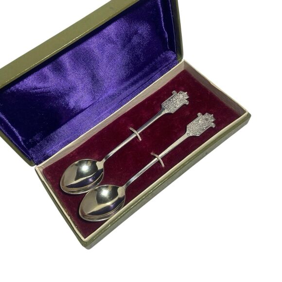 VTG USSR Soviet Volga Silver Gold Plated Cupronickel Melchior Spoon 2pc Gift Box - Picture 2 of 9